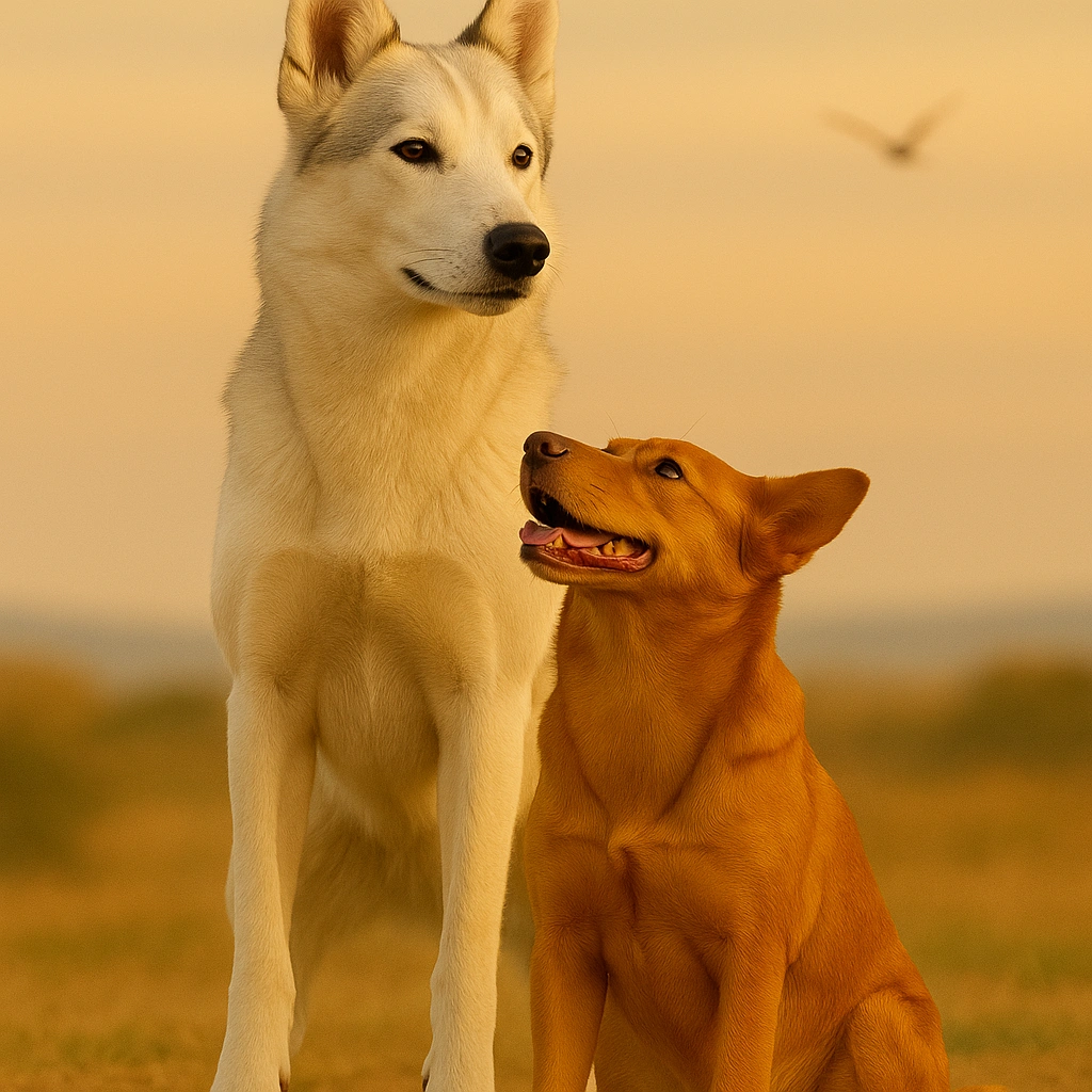 Meh-Mah and Glacier, miniature husky breeding pair, posing together outdoors